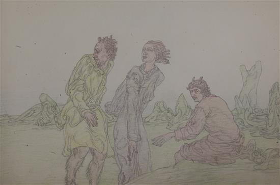 § Austin Osman Spare (1888-1956) Man, woman and satyr in a desolate landscape 8 x 13in. unframed
